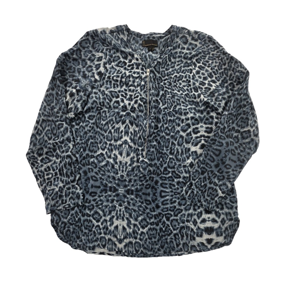 I Jeans By Buffalo Women's L Animal Leopard Print Blouse Blue Adiva Semi Sheer